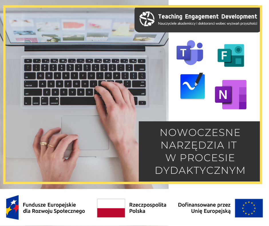 Nowoczesne narzędzia IT w procesie dydaktycznym
Grafika ilustrująca aplikacje do używania na komputerze - MS Teams, Office, Whiteboard, Forms