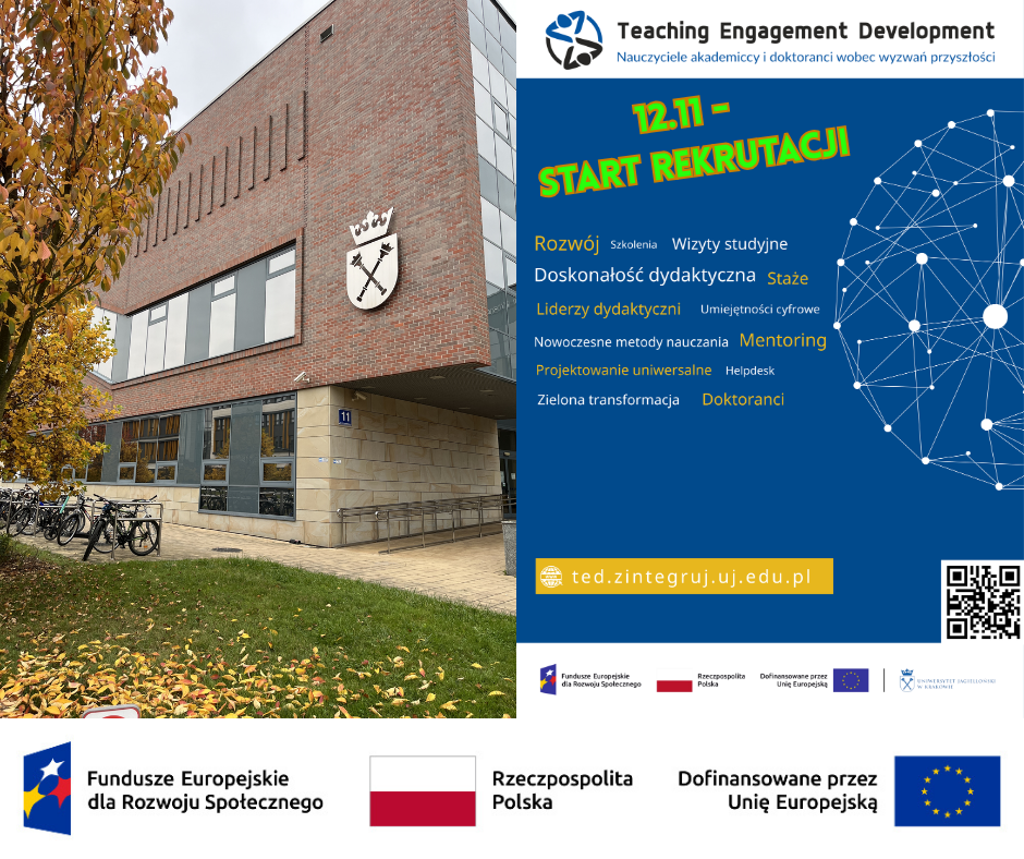 Grafika ilustrująca budynek UJ oraz plakat promocyjny projektu TED - hasła kluczowe