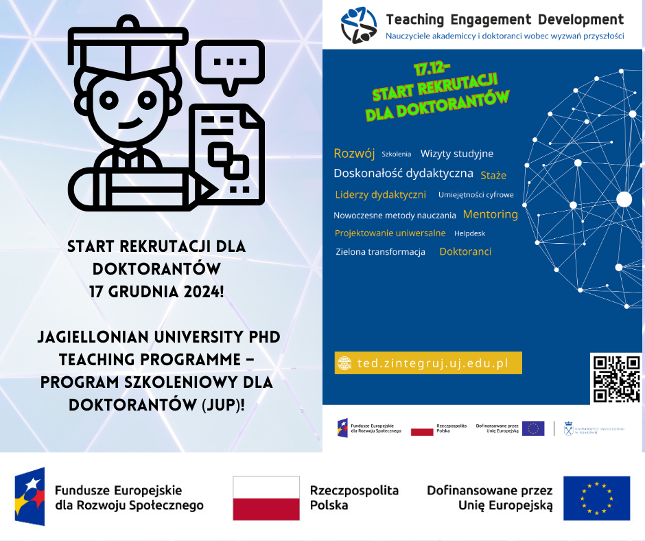 Start rekrutacji - doktoranci - plakat projektu TED oraz ikonka doktoranta